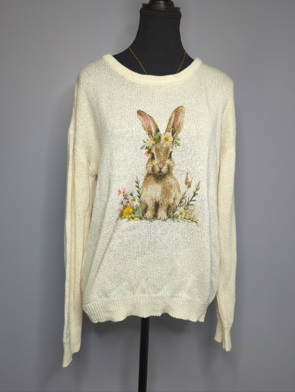 Mia & Tess NWT Wildflower Bunny Knit Pullover Sweater - Ivory Sz L Cottagecore